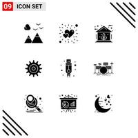 Universal Icon Symbols Group of 9 Modern Solid Glyphs of usb adapter energy wheel gear Editable Vector Design Elements