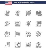 conjunto de 16 iconos del día de los ee.uu. símbolos americanos signos del día de la independencia para el instrumento puerta de acción de gracias nativo americano ee.uu. elementos de diseño vectorial editables del día de los ee.uu. vector