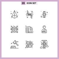 Set of 9 Vector Outlines on Grid for construction play safety game billiard Editable Vector Design Elements