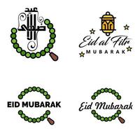 paquete moderno de 4 eidkum mubarak árabe tradicional tipografía kufic cuadrada moderna texto de saludo decorado con estrellas y luna vector