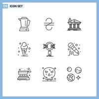 Modern Set of 9 Outlines Pictograph of search ice bank cream beach Editable Vector Design Elements