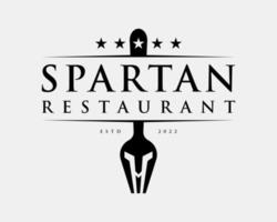 Fork Restaurant Cutlery Dishware Spartan Helmet Warrior Soldier Vintage Classical Vector Logo Design