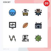paquete de 9 modernos signos y símbolos de colores planos de línea rellena para medios de impresión web, como elementos de diseño de vectores editables de la tarjeta de línea de vida del servicio de pulso afl