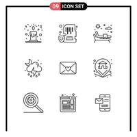 Set of 9 Modern UI Icons Symbols Signs for heart mail sunbed cloud weather Editable Vector Design Elements