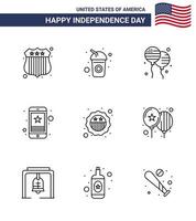 conjunto de líneas del día de la independencia de estados unidos de 9 pictogramas de estados unidos de bloons de teléfonos de seguridad estrella móvil elementos de diseño de vectores del día de estados unidos editables