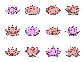 Color outline lotus icons, yoga meditation flowers vector
