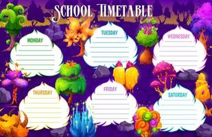 School timetable schedule, magic fantasy trees vector