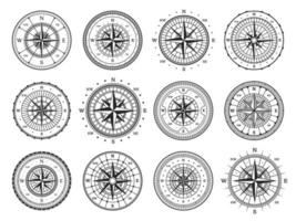 Old compass, vintage map wind rose directions vector