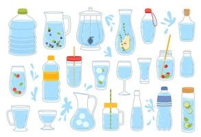 Glass and plastic water bottles, drink containers vector