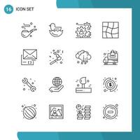 Vector Pack of 16 Outline Symbols Line Style Icon Set on White Background for Web and Mobile