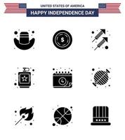 Pack of 9 USA Independence Day Celebration Solid Glyphs Signs and 4th July Symbols such as date american firework liquid flask Editable USA Day Vector Design Elements