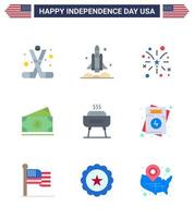 Happy Independence Day Pack of 9 Flats Signs and Symbols for usa money transport dollar american Editable USA Day Vector Design Elements