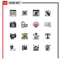 16 Thematic Vector Flat Color Filled Lines and Editable Symbols of photo camera browser usb flash Editable Creative Vector Design Elements