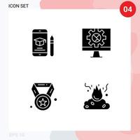 4 Thematic Vector Solid Glyphs and Editable Symbols of cap achievement mobile internet champion Editable Vector Design Elements