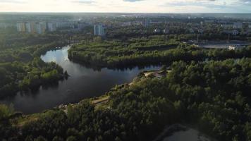 Top view of the river with turns of meanders and green forests in bright sunlight. Creek in the park among the trees. video