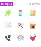 Paquete de iconos de corona de virus viral de 9 colores planos, como guantes de seguridad de laboratorio, limpieza de tejidos, coronavirus viral 2019nov, elementos de diseño de vectores de enfermedades