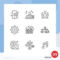 Group of 9 Outlines Signs and Symbols for hill wall ribbon security fire Editable Vector Design Elements