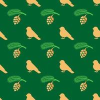 Christmas seamless pattern. Gold colored branch with a cone and a bullfinch on green background. Christmas texture vector