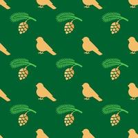 Christmas seamless pattern. Gold colored branch with a cone and a bullfinch on green background. Christmas texture vector