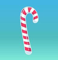 Candy cane with red stripes. Vector illustration for christmas decorations. Drawing cartoon sugar cane with white stroke and red stripes. Background with blue gradient.