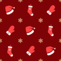 Christmas seamless pattern. Red and white colored christmas caps, stockings and mittens with snowflakes on dark red background. Christmas texture vector