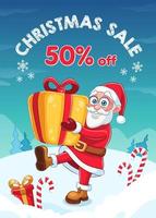 Christmas sale banner with Santa Claus character. Vector illustration of cartoon smiling Santa Claus with gift box. Advertising banner