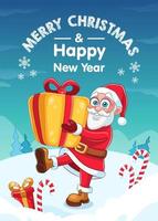 Christmas greeting card with cartoon Santa Claus character. Vector illustration of smiling Santa Claus with gift box. Advertising banner
