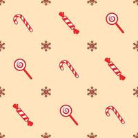 Christmas seamless pattern. Red colored candy cane, lollipop, candy and snowflakes on cream-colored background. Christmas texture vector