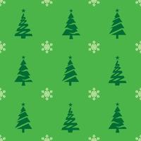 patrón sin costuras de navidad. iconos de árbol de Navidad de color verde oscuro y copos de nieve blancos sobre fondo verde. textura navideña vector