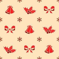 Christmas seamless pattern. Red colored holly, bow, bell and snowflakes on cream-colored background. Christmas texture vector