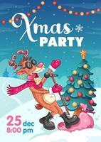 Christmas party invitation poster. Cool reindeer with microphone and black glasses. Cartoon vector illustration. Winter background with christmas tree.