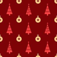 Christmas seamless pattern. Red colored christmas tree icons and gold glass balls icons on dark red background. Christmas texture vector