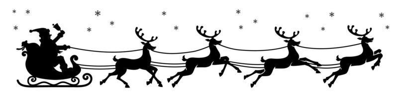 Santa in sleigh with reindeers. Vector sticker. Black vector silhouette isolated on white background