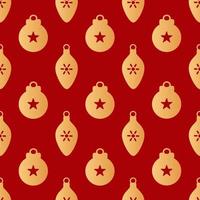 Christmas seamless pattern. Gold colored christmas balls with snowflakes and stars on red background. Christmas texture vector