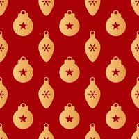 Christmas seamless pattern. Gold colored christmas balls with snowflakes and stars on red background. Christmas texture vector