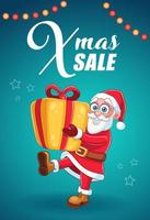 Christmas sale banner with Santa Claus character. Vector illustration of cartoon smiling Santa Claus with gift box. Advertising banner