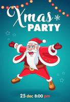 Christmas party invitation with cartoon Santa Claus character. Vector illustration of smiling and jumping Santa Claus. Christmas party poster