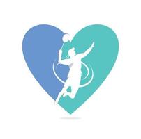 logotipo del concepto de forma de corazón del jugador de bádminton - aplastamiento apasionado del momento ganador. atleta de bádminton joven profesional abstracto en pose apasionada. vector