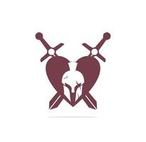 Spartan helmet with crossed swords and lettering Warrior. Spartan helmet with crossed swords and heart shape concept logo. vector