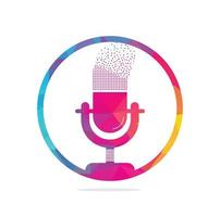 microphone Podcast pixels effect logo design. Studio table microphone with broadcast icon design. vector