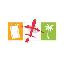 diseño de logotipo de viaje, bolso de vacaciones, icono de palmera y avión, viaje de negocios, turismo, ilustración de vector de avión.