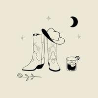 Wild west elements collection with cowboy boots, hat, whisky, rose, moon and stars. Traditional western cowboy boots. Hand drawn line vector illustration
