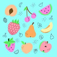 Set of different fruits and berries. Apple, peach, pear, watermelon, raspberry, cherry, strawberry. Tropical fruit and graphic design elements. Flat vector illustration isolated on blue background