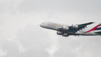 AMSTERDAM, THE NETHERLANDS JULY 25, 2017 - Emirates Airbus A380 A6 EOB climb after take off at Zwanenburgbaan 36C, Shiphol Airport, Amsterdam, Holland video