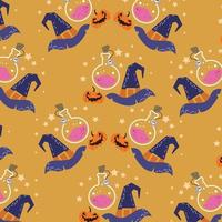 Halloween pattern with pumpkins and witch hats and bottles. With star yellow background. vector