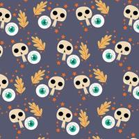 Halloween pattern with skulls, eyes and leaves on beige background. Holiday symbol vector