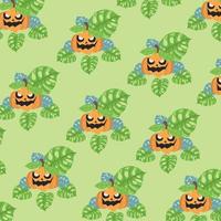 Jack o lantern pumpkin pattern with green and blue monstera leaves. vector