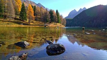 alpine meer in herfst met klein afstandbestuurbaar boot video