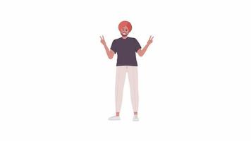 Animated positive man character. Guy showing peace gestures. Full body flat person on white background with alpha channel transparency. Colorful cartoon style HD video footage for animation