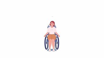 dame animée en personnage de fauteuil roulant. femme handicapée qui parle. personne plate de tout le corps sur fond blanc avec transparence du canal alpha. séquences vidéo hd de style dessin animé coloré pour l'animation video